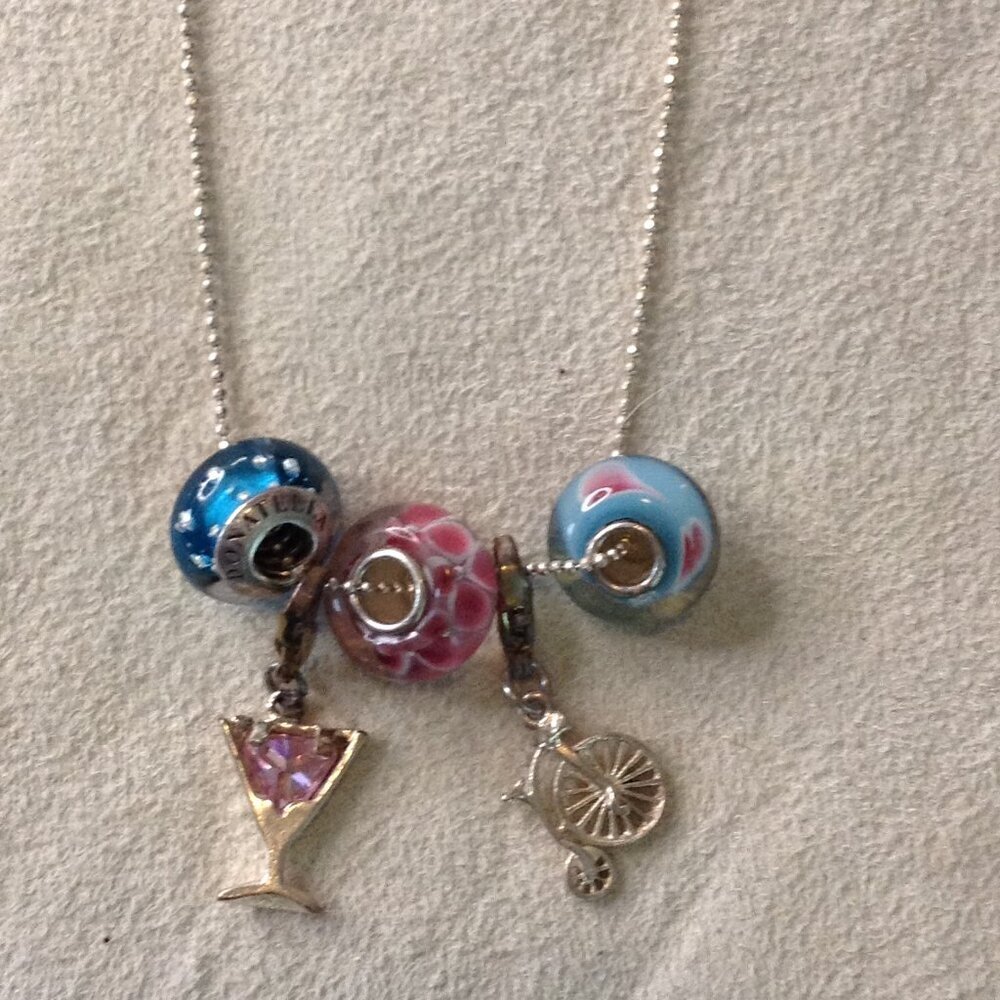 Donatella Necklace 925 W3 Glass Murano Beads Martini Vtg Hi-Lo Bike Charm 38$